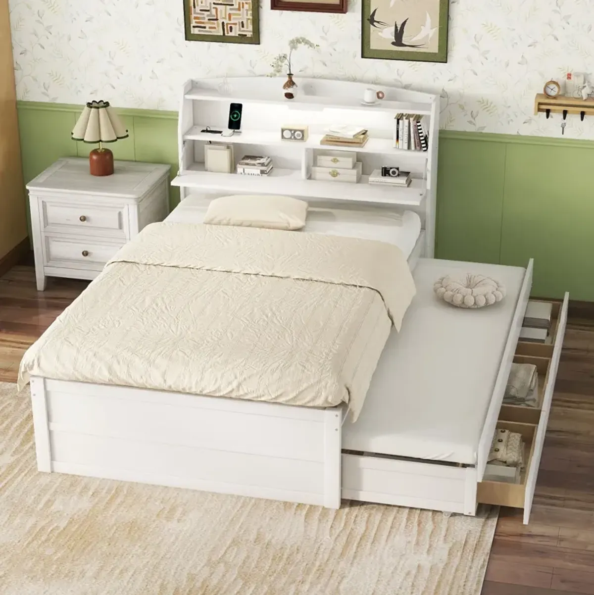 Wooden LED Platform Bed With Trundle, With Storage Headboard, With Drawers