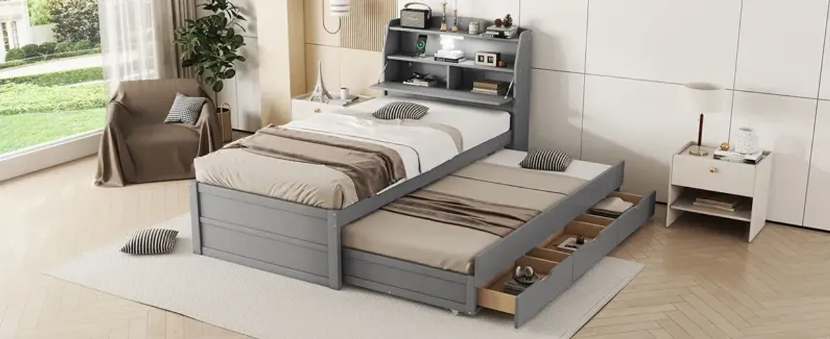 Wooden LED Platform Bed With Trundle, With Storage Headboard, With Drawers