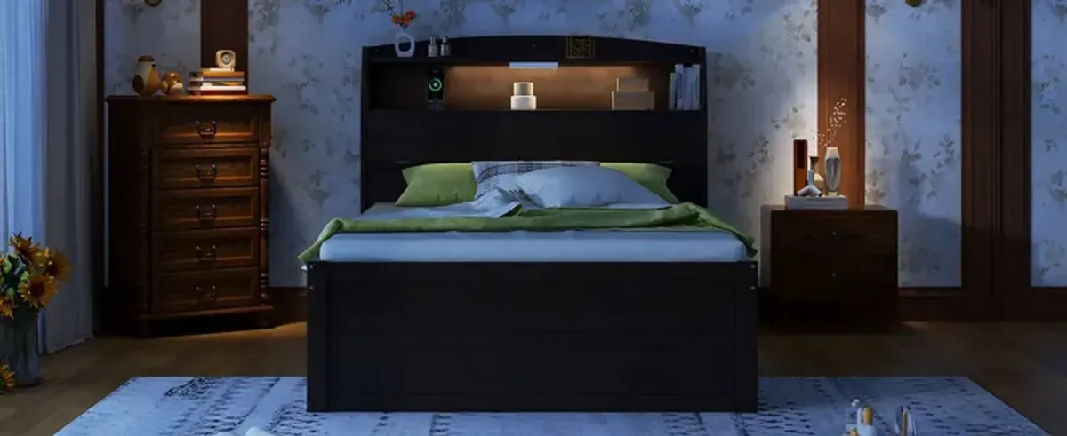 Wooden LED Platform Bed With Trundle, With Storage Headboard, With Drawers