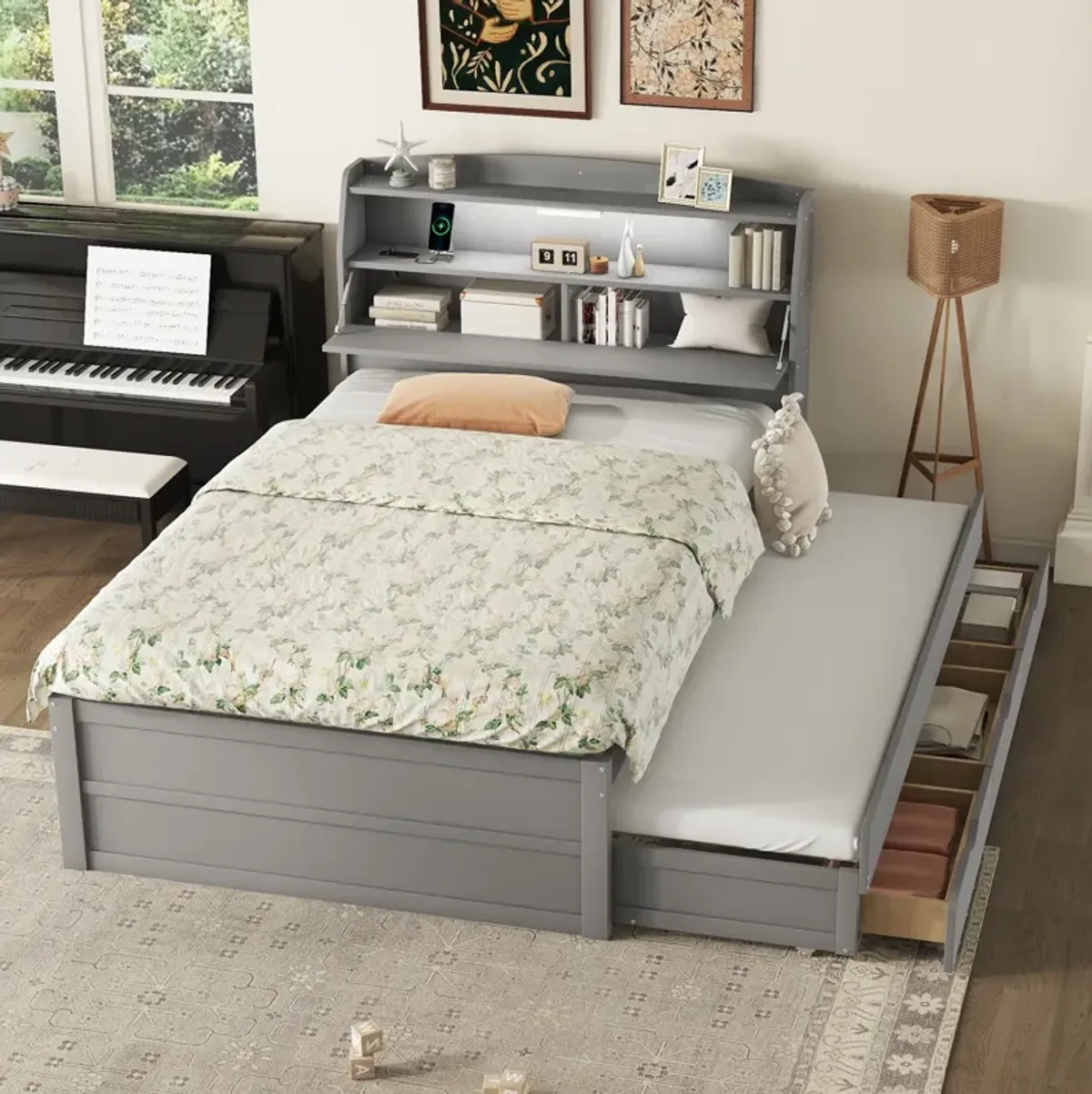 Wooden LED Platform Bed With Trundle, With Storage Headboard, With Drawers