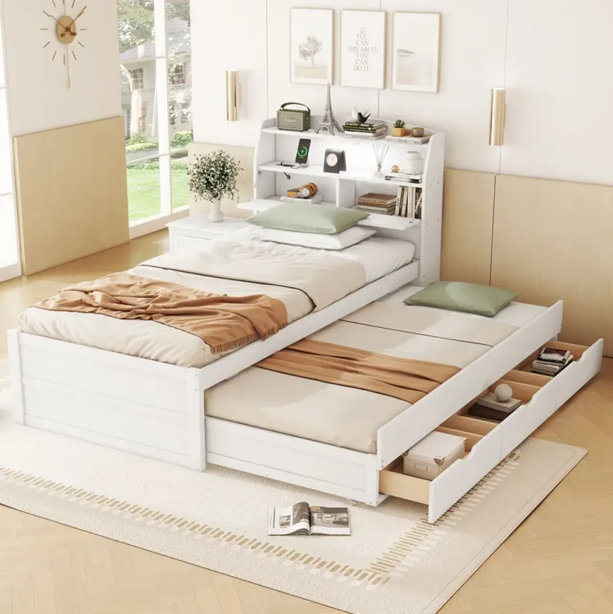 Wooden LED Platform Bed With Trundle, With Storage Headboard, With Drawers