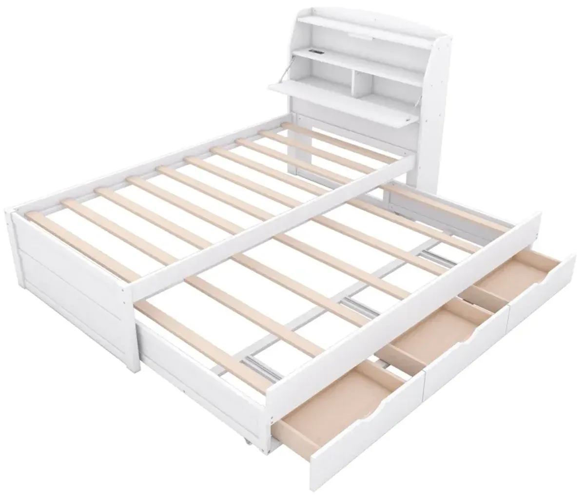 Wooden LED Platform Bed With Trundle, With Storage Headboard, With Drawers