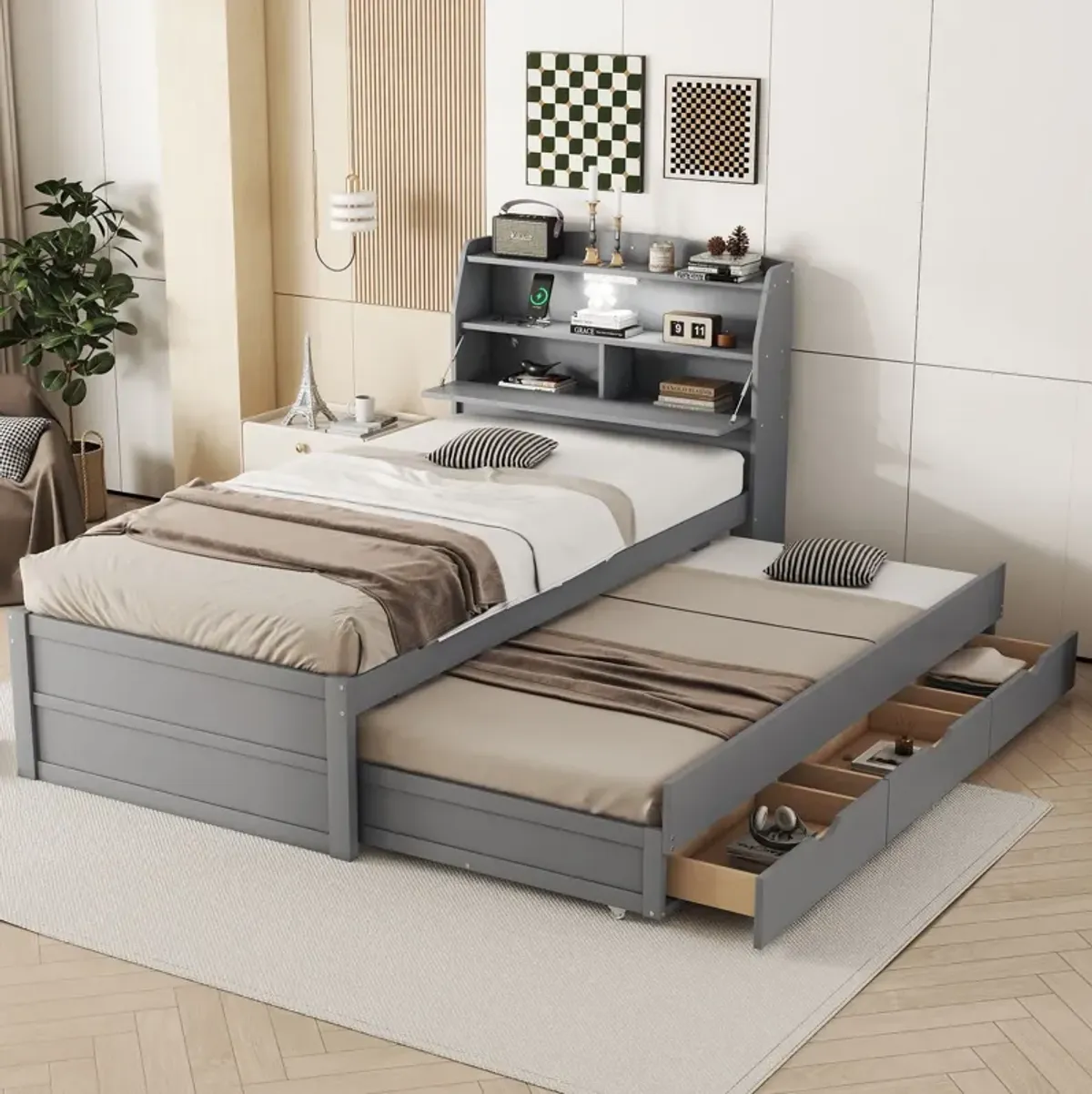 Wooden LED Platform Bed With Trundle, With Storage Headboard, With Drawers