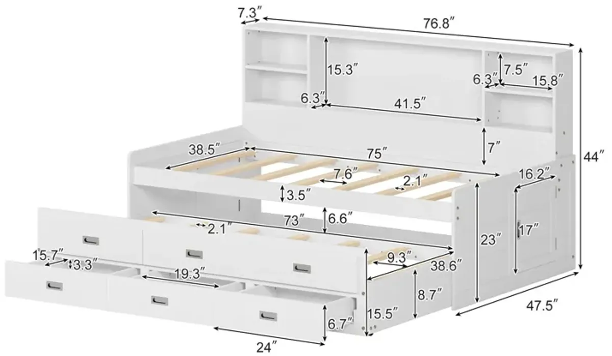 Captain Daybed With Storage Bookcase Headboard, Captain Bed With Trundle And Three Storage Drawers For Kids Teens Dorm Bedroom Multipurpose Guest Room Or Home