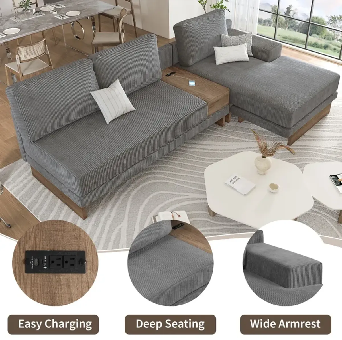 L-Shaped Sofa Sectional Sofa With Two USB Ports And Two Power Sockets, A Storage Drawer And A Reversible Chaise Lounge For Living Room