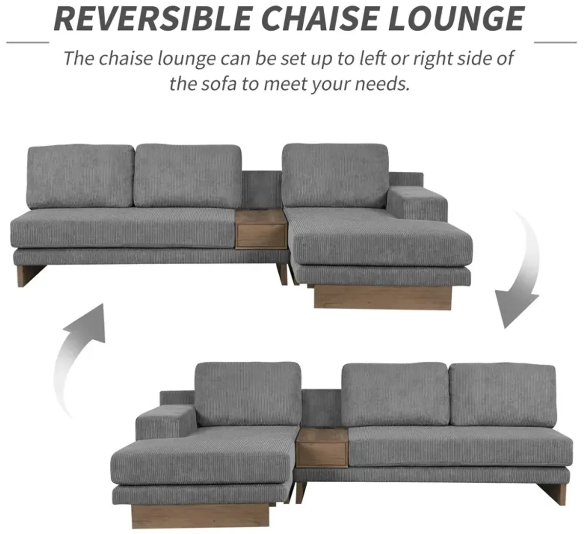 L-Shaped Sofa Sectional Sofa With Two USB Ports And Two Power Sockets, A Storage Drawer And A Reversible Chaise Lounge For Living Room