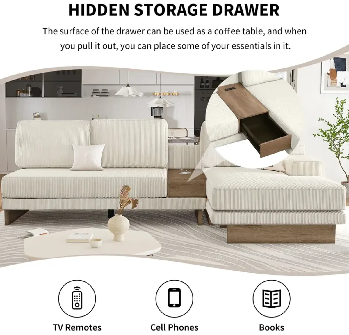 L-Shaped Sofa Sectional Sofa With Two USB Ports And Two Power Sockets, A Storage Drawer And A Reversible Chaise Lounge For Living Room