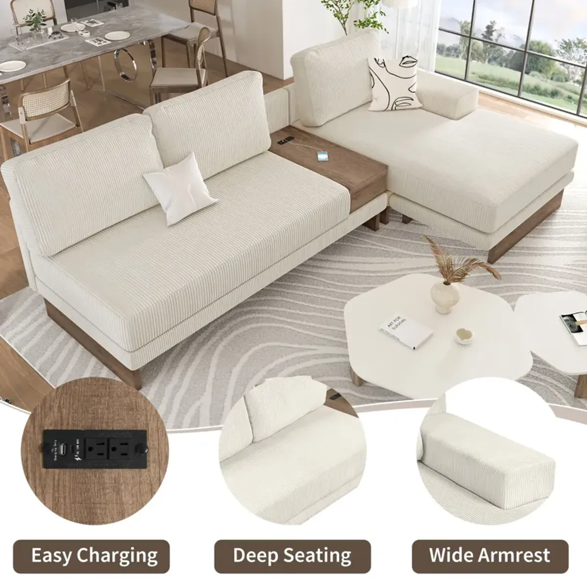 L-Shaped Sofa Sectional Sofa With Two USB Ports And Two Power Sockets, A Storage Drawer And A Reversible Chaise Lounge For Living Room