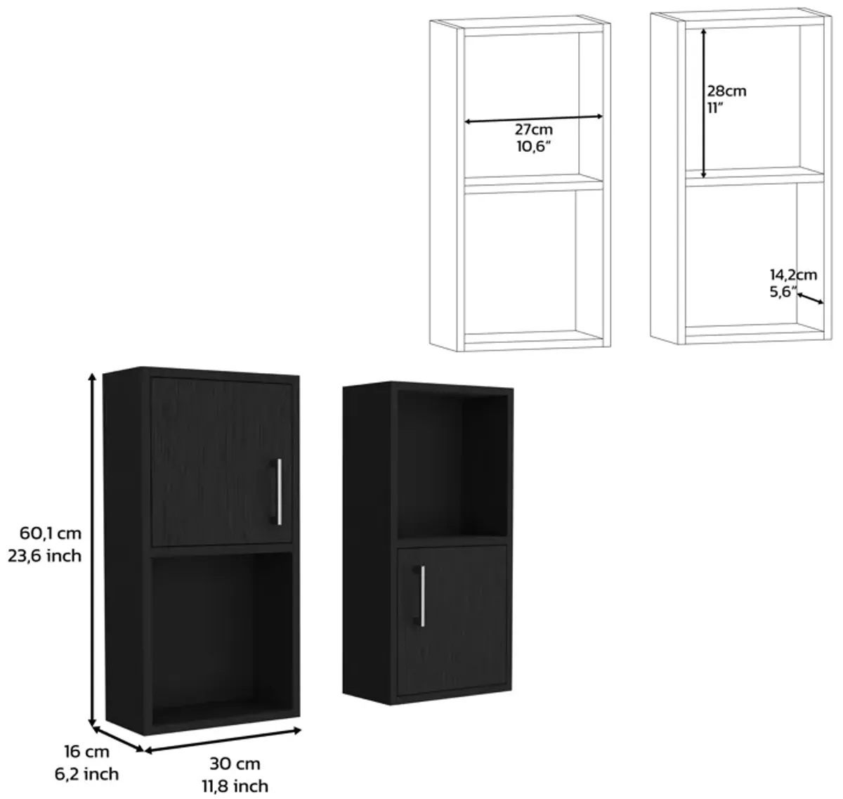 Wall Mounted Bathroom Medicine Cabinet Eak Two Doors, Two Shelves - Black