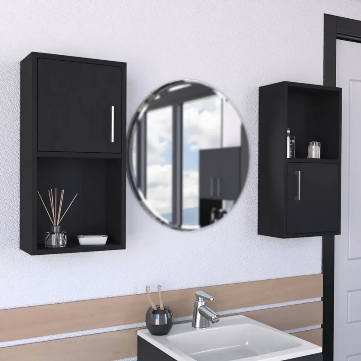 Wall Mounted Bathroom Medicine Cabinet Eak Two Doors, Two Shelves - Black