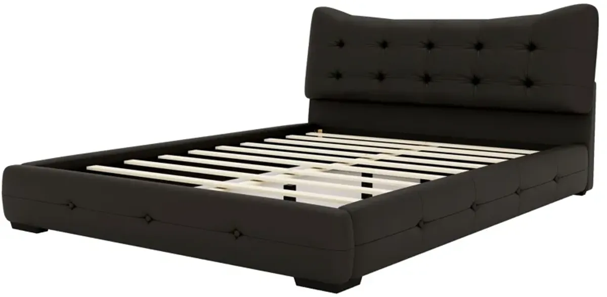 Queen Bed Modern PU Upholstered With Ergonomic Wingback Headboard, No Box Spring Needed - Black