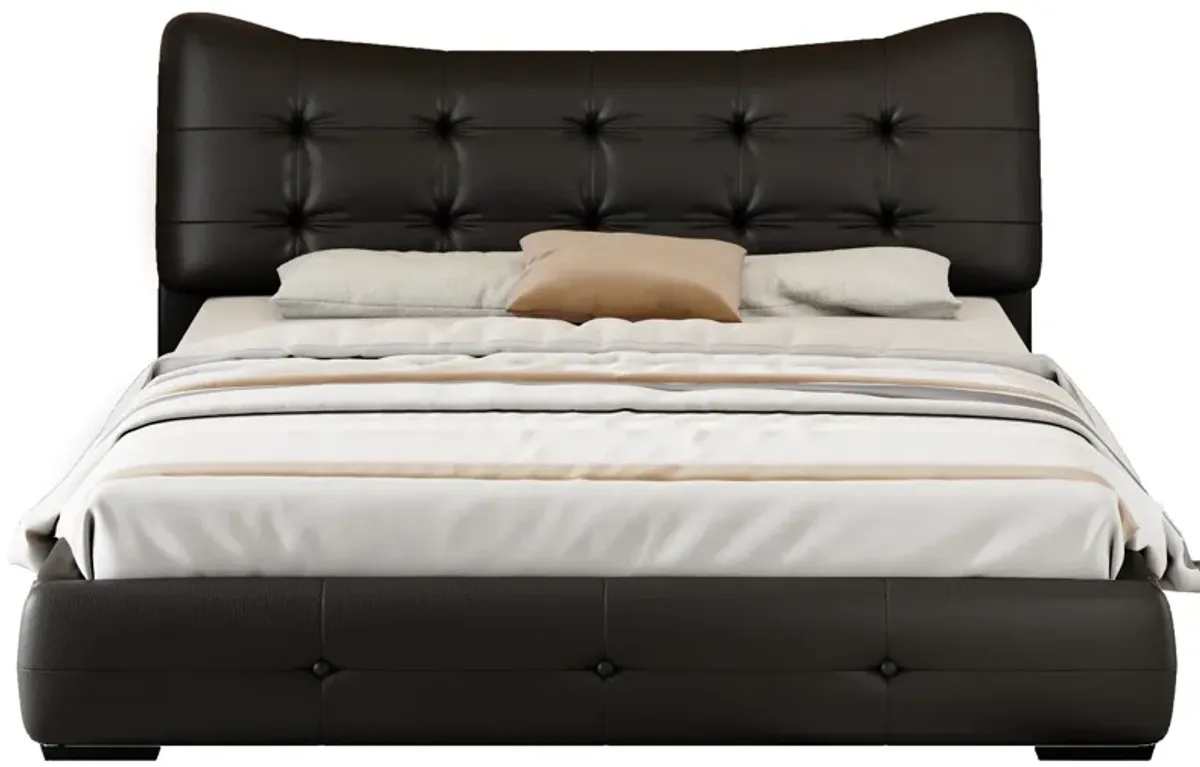 Queen Bed Modern PU Upholstered With Ergonomic Wingback Headboard, No Box Spring Needed - Black