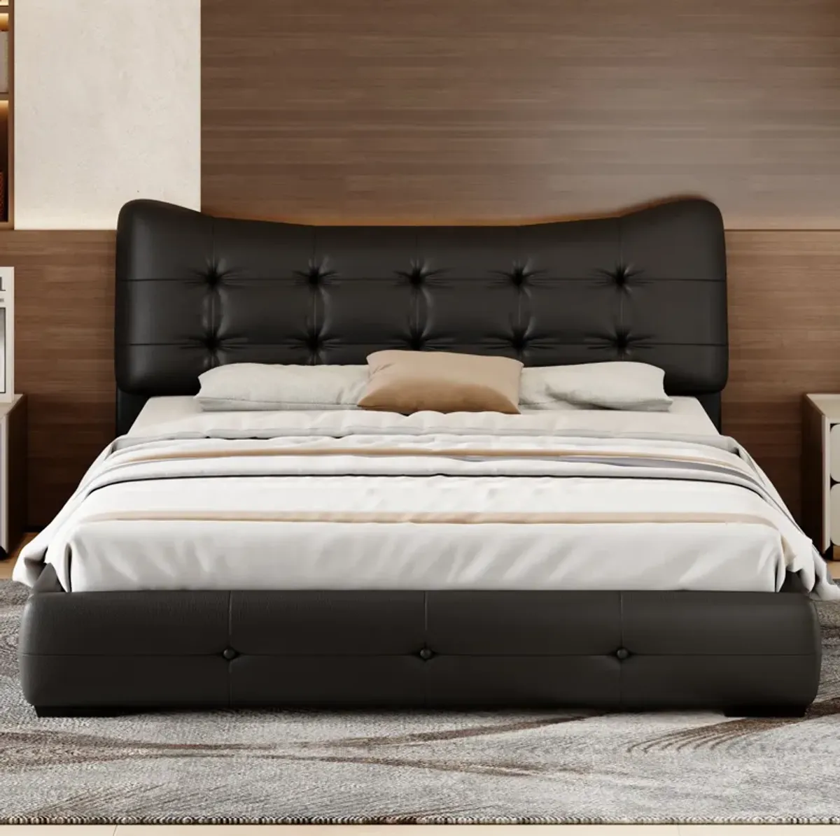 Queen Bed Modern PU Upholstered With Ergonomic Wingback Headboard, No Box Spring Needed - Black