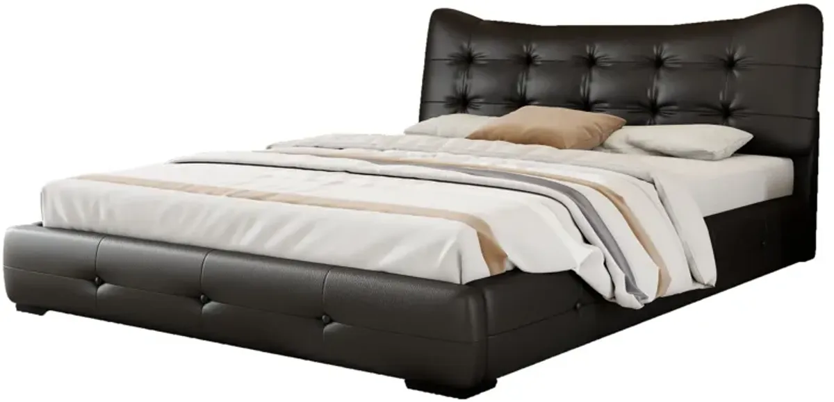 Queen Bed Modern PU Upholstered With Ergonomic Wingback Headboard, No Box Spring Needed - Black