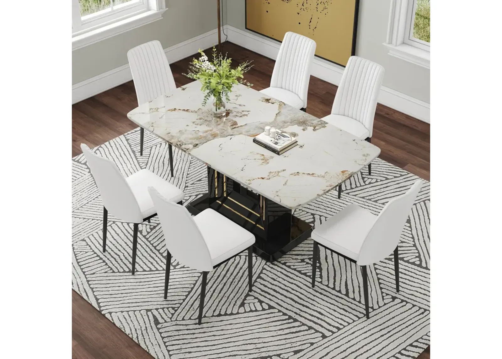 7 Piece Faux Marble Dining Table Set, Glass Rectangular Kitchen Table For 6 - 8, Modern Faux Marble Dining Room Table With MDF Base, Dining Table & 6 Chairs - White