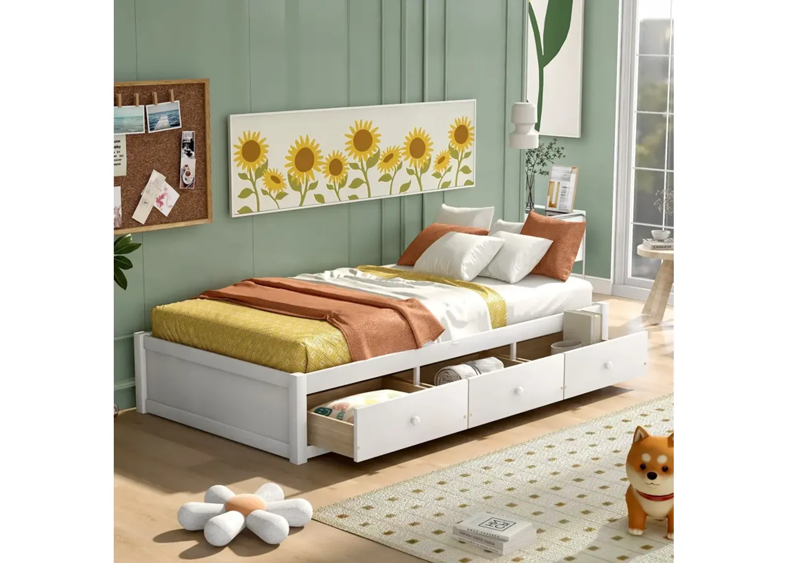 Twin Size Platform Storage Bed With 3 Drawers - White