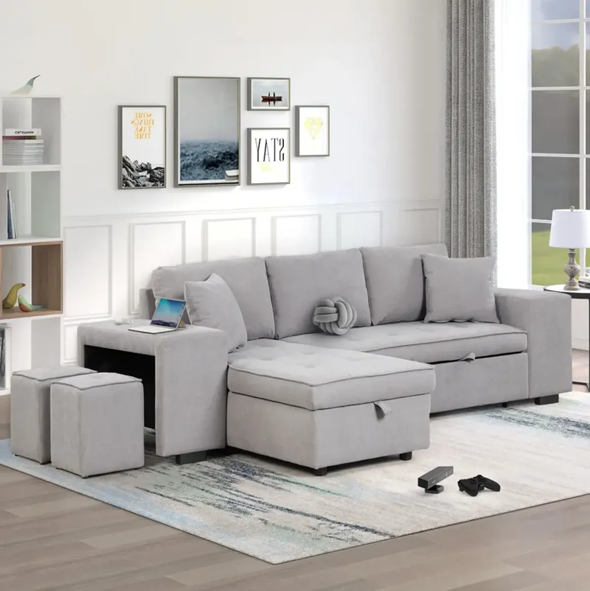 Pull Out Sleeper Sofa Reversible L-Shape 3 Seat Sectional Couch With Storage Chaise And 2 Stools For Living Room Furniture Set - Gray