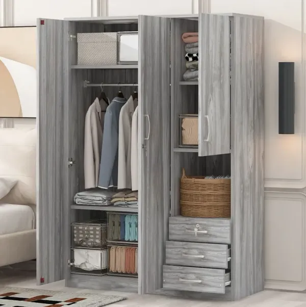2 Doors Wooden Wardrobe Storage For Bedroom, With Shelves And 3 Drawers