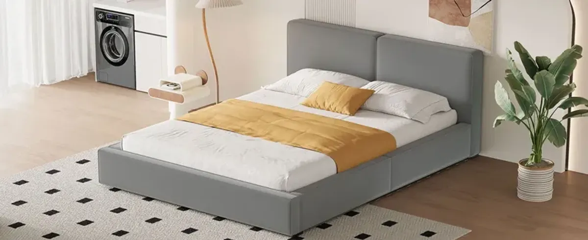 Queen Size Upholstered Platform Bed With , Grounded Bed With Solid Frame