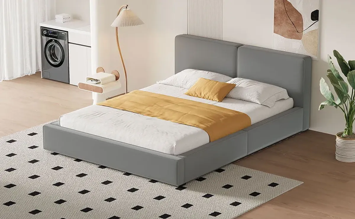 Queen Size Upholstered Platform Bed With , Grounded Bed With Solid Frame