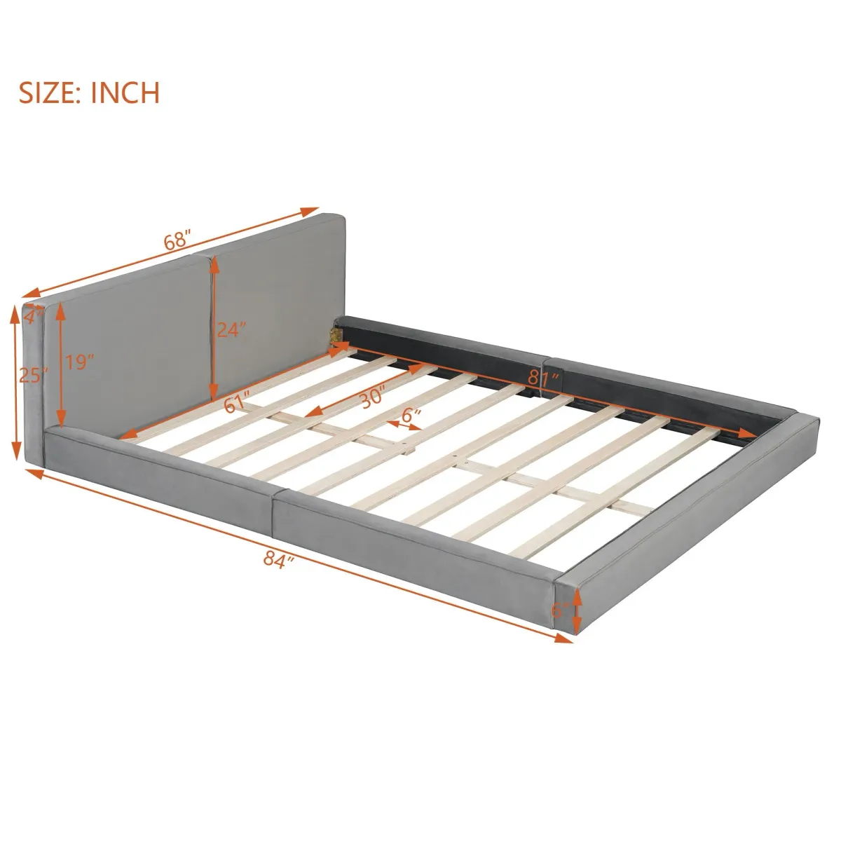 Queen Size Upholstered Platform Bed With , Grounded Bed With Solid Frame