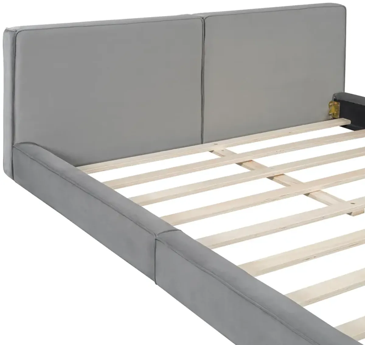 Queen Size Upholstered Platform Bed With , Grounded Bed With Solid Frame