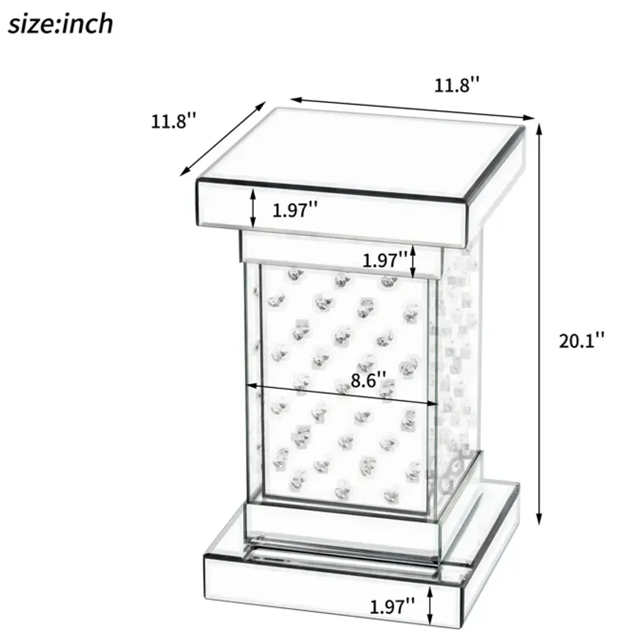 Square Mirrored End Table With Led Lights, Modern Side Table With Crystal Inlay For Living Room