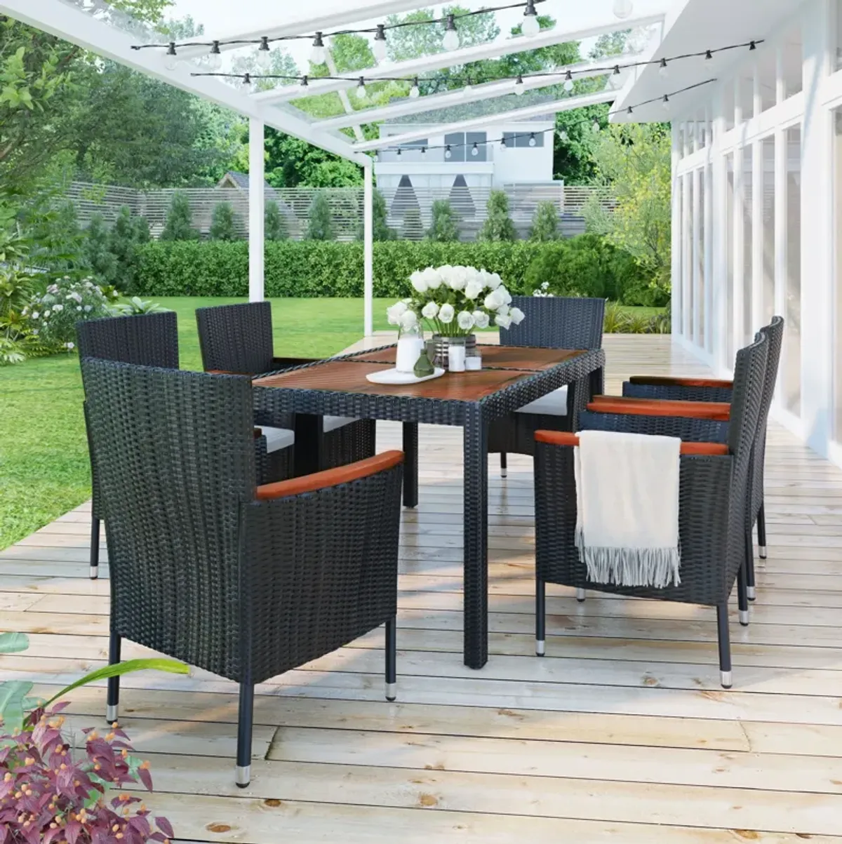 Outdoor Patio Dining Set, Garden PE Rattan Wicker Dining Table And Chairs Set, Acacia Wood Tabletop, Stackable Armrest Chairs With Cushions