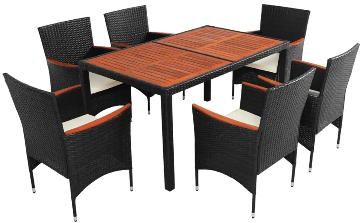 Outdoor Patio Dining Set, Garden PE Rattan Wicker Dining Table And Chairs Set, Acacia Wood Tabletop, Stackable Armrest Chairs With Cushions