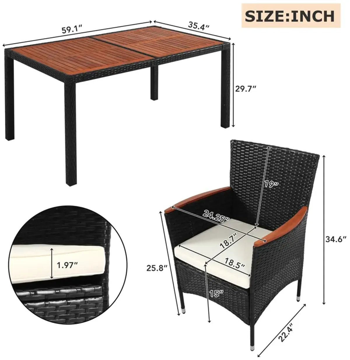 Outdoor Patio Dining Set, Garden PE Rattan Wicker Dining Table And Chairs Set, Acacia Wood Tabletop, Stackable Armrest Chairs With Cushions