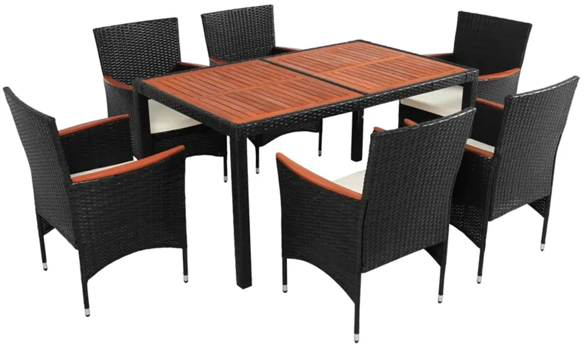 Outdoor Patio Dining Set, Garden PE Rattan Wicker Dining Table And Chairs Set, Acacia Wood Tabletop, Stackable Armrest Chairs With Cushions