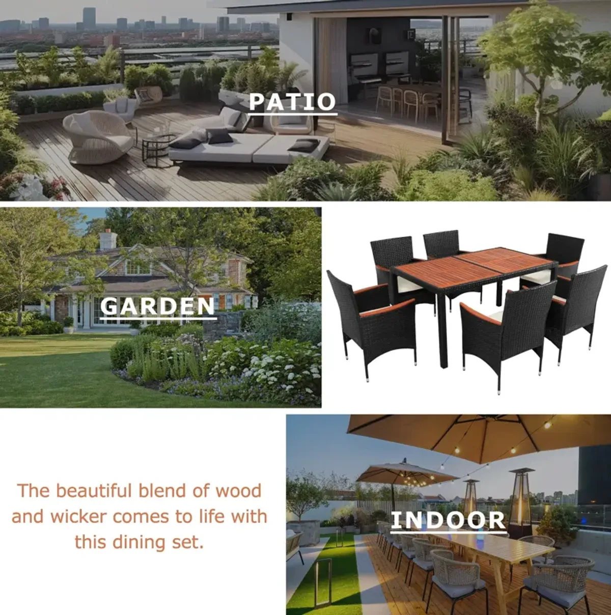 Outdoor Patio Dining Set, Garden PE Rattan Wicker Dining Table And Chairs Set, Acacia Wood Tabletop, Stackable Armrest Chairs With Cushions