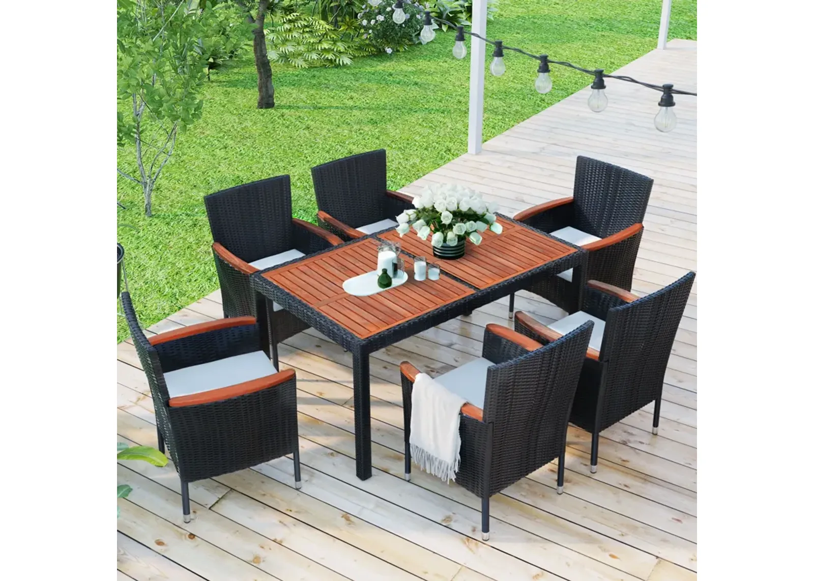 Outdoor Patio Dining Set, Garden PE Rattan Wicker Dining Table And Chairs Set, Acacia Wood Tabletop, Stackable Armrest Chairs With Cushions