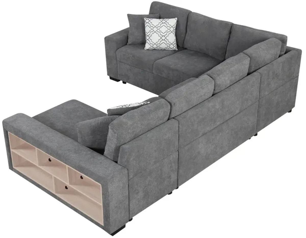 U-Shaped Sectional Sofa Pull-Out Sofa Bed With Two USB Ports, A Storage Chaise Lounge And Four Back Pillows For Living Room