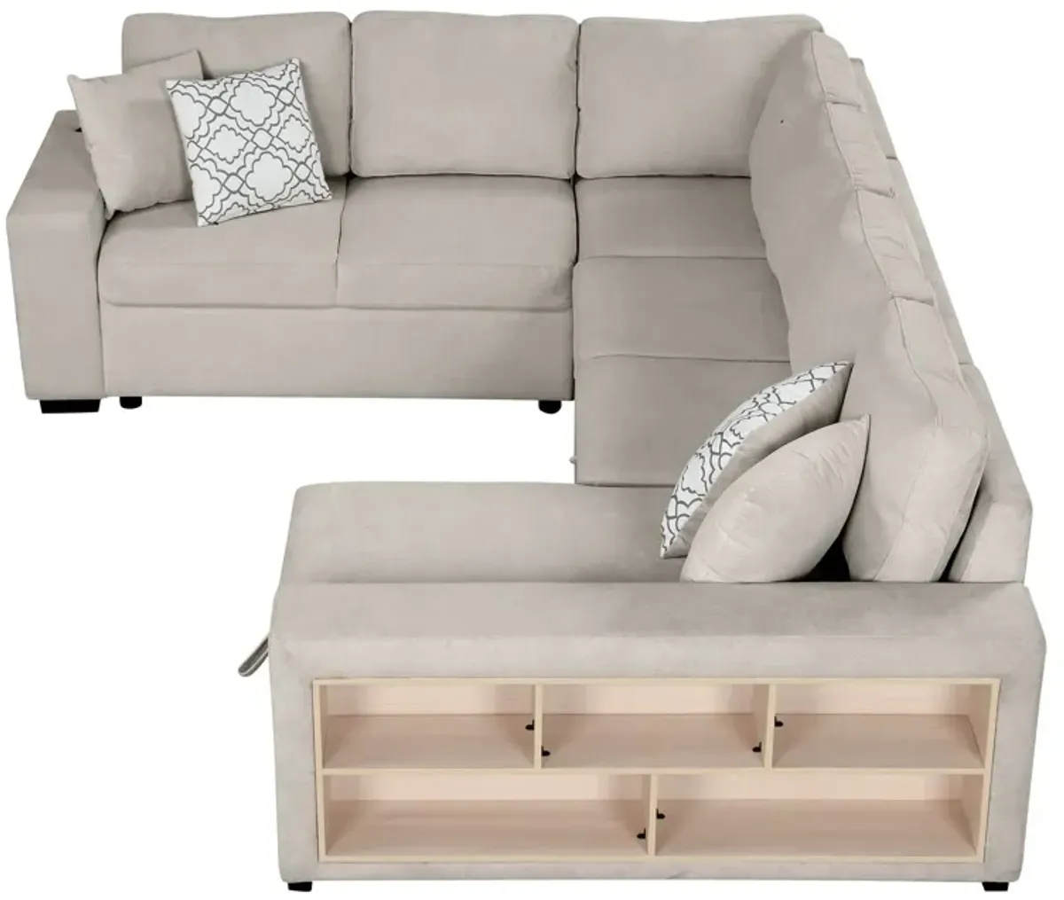 U-Shaped Sectional Sofa Pull-Out Sofa Bed With Two USB Ports, A Storage Chaise Lounge And Four Back Pillows For Living Room