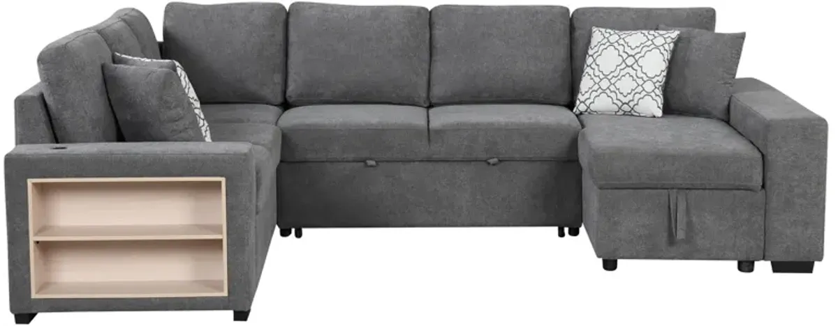 U-Shaped Sectional Sofa Pull-Out Sofa Bed With Two USB Ports, A Storage Chaise Lounge And Four Back Pillows For Living Room