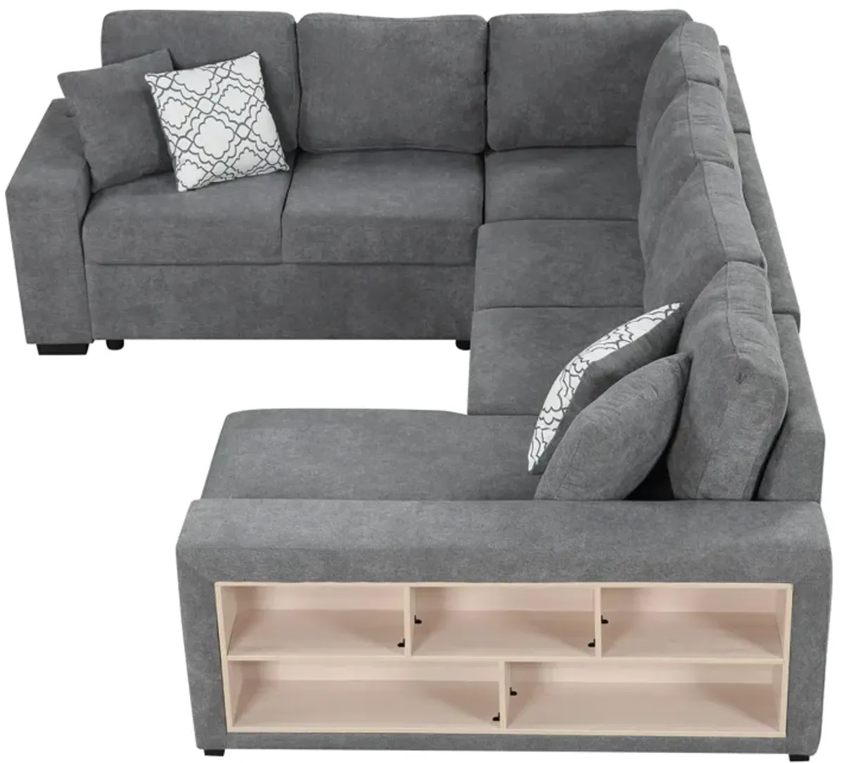 U-Shaped Sectional Sofa Pull-Out Sofa Bed With Two USB Ports, A Storage Chaise Lounge And Four Back Pillows For Living Room