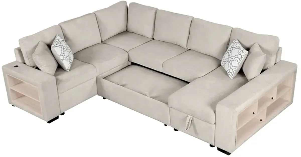 U-Shaped Sectional Sofa Pull-Out Sofa Bed With Two USB Ports, A Storage Chaise Lounge And Four Back Pillows For Living Room