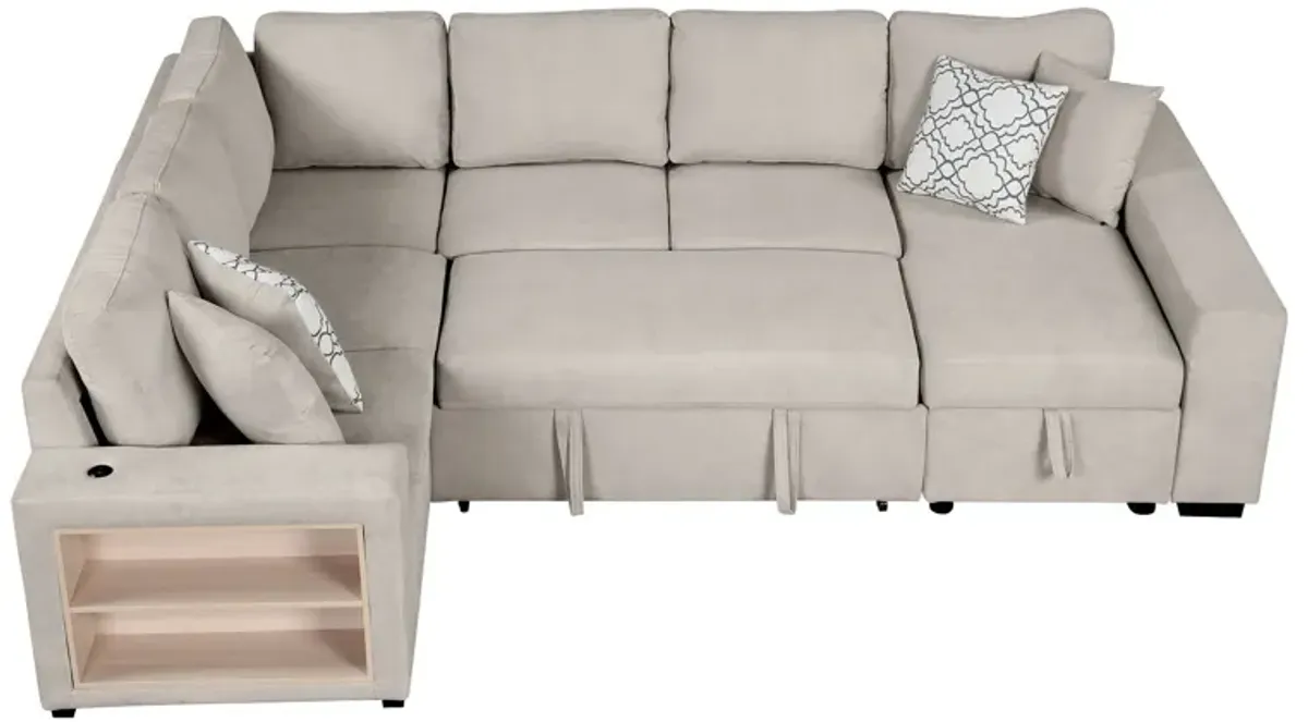 U-Shaped Sectional Sofa Pull-Out Sofa Bed With Two USB Ports, A Storage Chaise Lounge And Four Back Pillows For Living Room