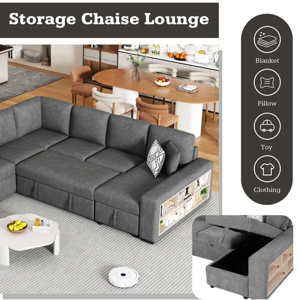 U-Shaped Sectional Sofa Pull-Out Sofa Bed With Two USB Ports, A Storage Chaise Lounge And Four Back Pillows For Living Room