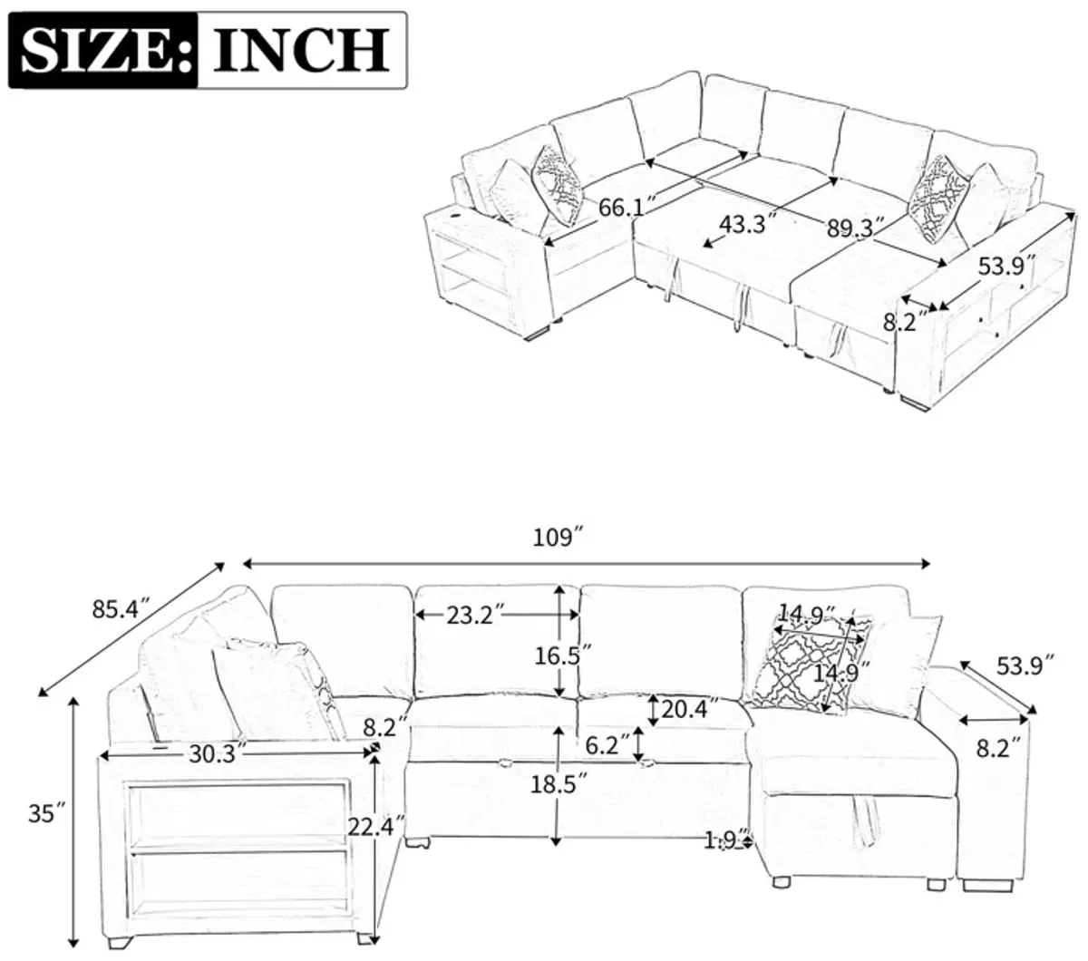 U-Shaped Sectional Sofa Pull-Out Sofa Bed With Two USB Ports, A Storage Chaise Lounge And Four Back Pillows For Living Room