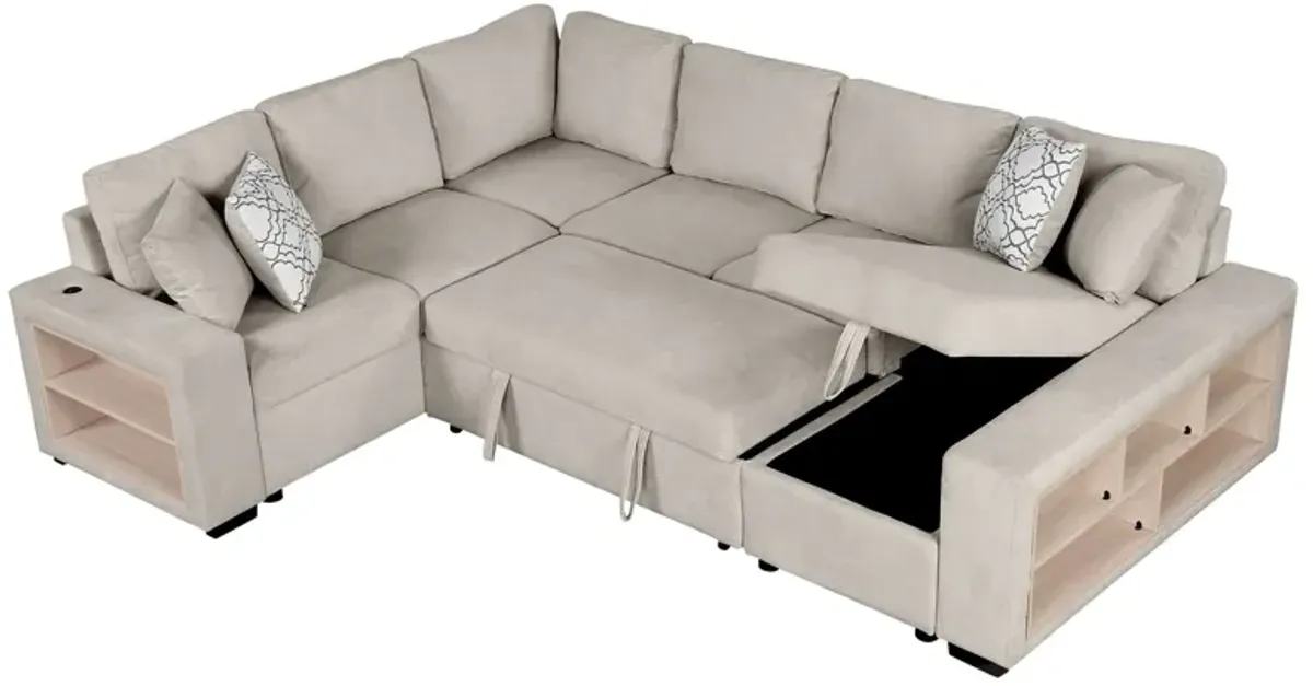 U-Shaped Sectional Sofa Pull-Out Sofa Bed With Two USB Ports, A Storage Chaise Lounge And Four Back Pillows For Living Room