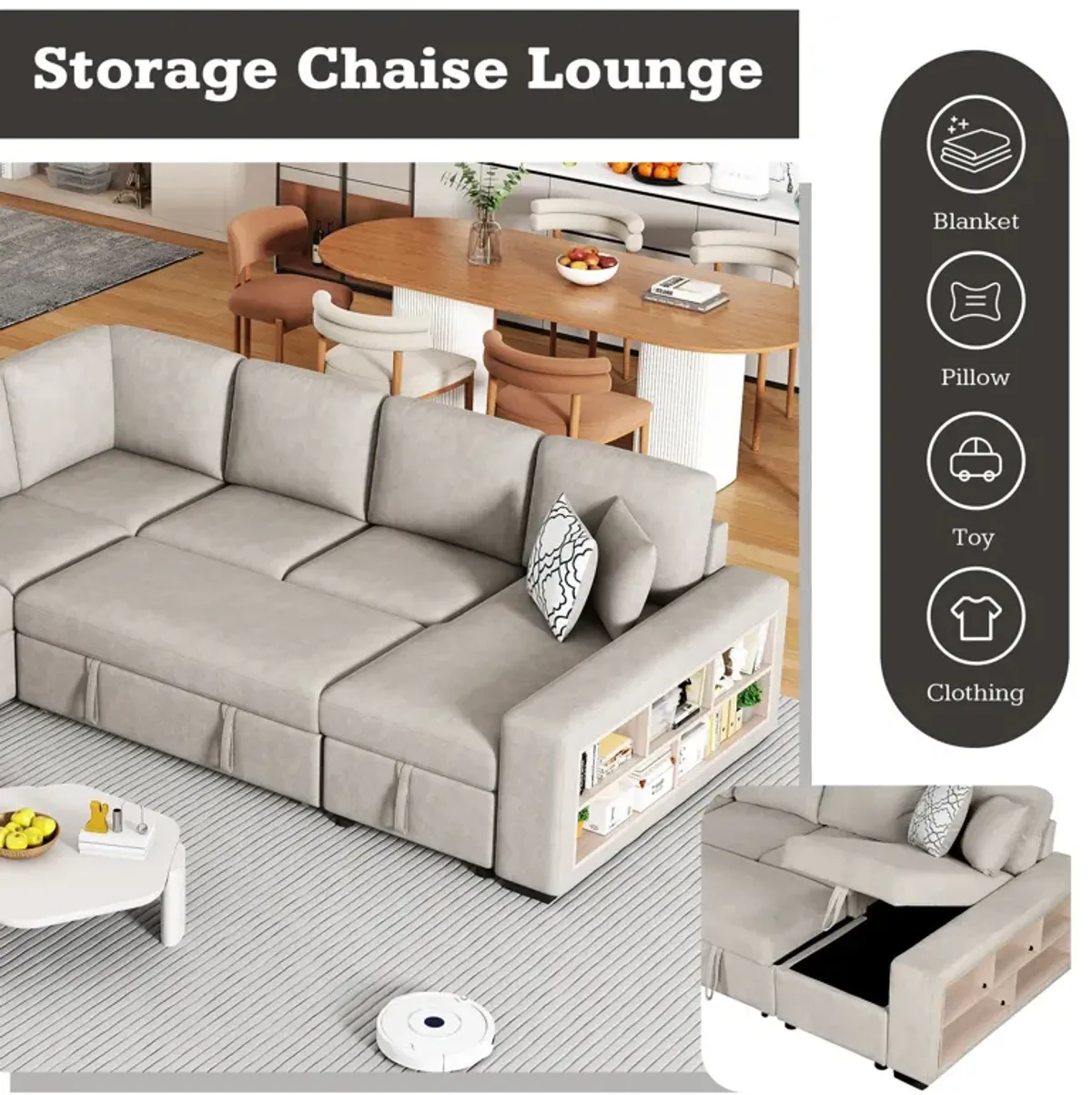 U-Shaped Sectional Sofa Pull-Out Sofa Bed With Two USB Ports, A Storage Chaise Lounge And Four Back Pillows For Living Room