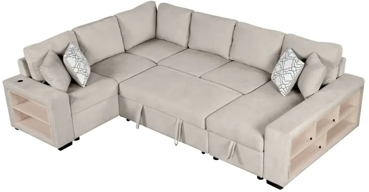 U-Shaped Sectional Sofa Pull-Out Sofa Bed With Two USB Ports, A Storage Chaise Lounge And Four Back Pillows For Living Room