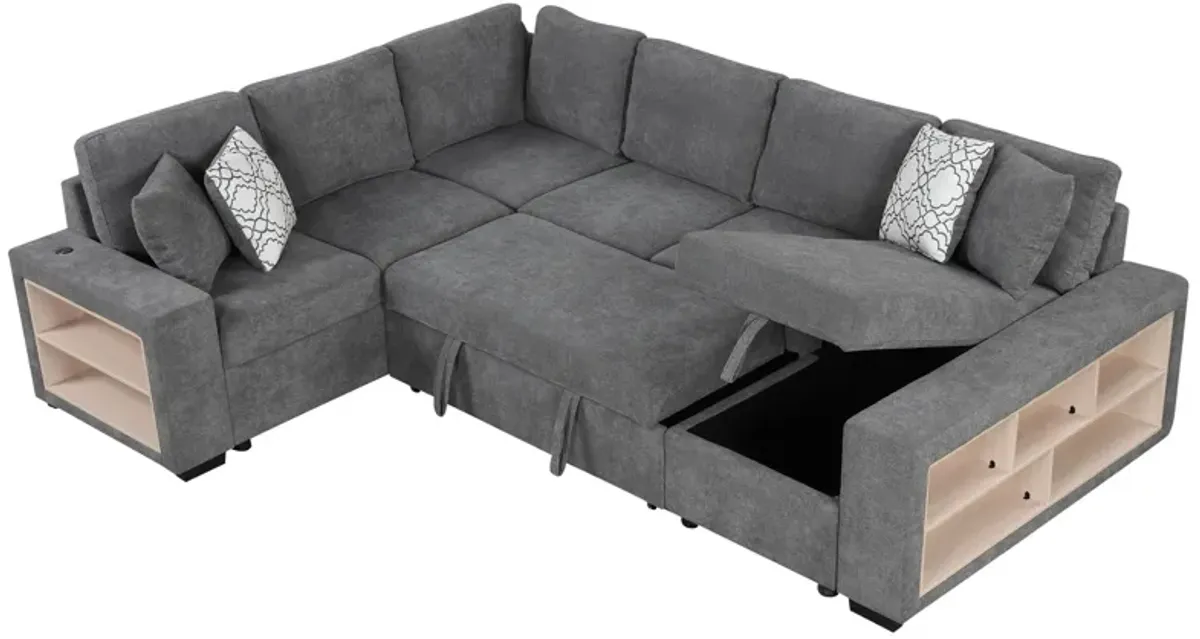 U-Shaped Sectional Sofa Pull-Out Sofa Bed With Two USB Ports, A Storage Chaise Lounge And Four Back Pillows For Living Room