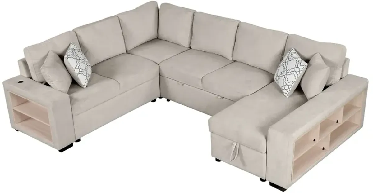 U-Shaped Sectional Sofa Pull-Out Sofa Bed With Two USB Ports, A Storage Chaise Lounge And Four Back Pillows For Living Room