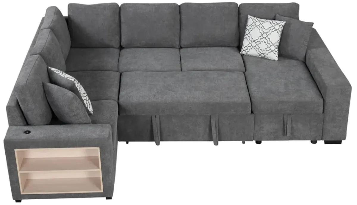 U-Shaped Sectional Sofa Pull-Out Sofa Bed With Two USB Ports, A Storage Chaise Lounge And Four Back Pillows For Living Room