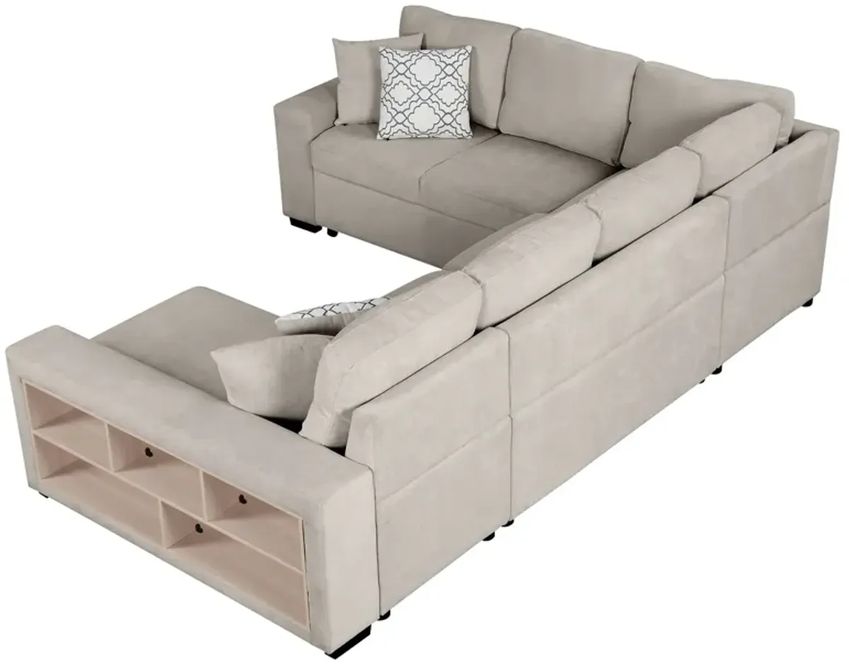 U-Shaped Sectional Sofa Pull-Out Sofa Bed With Two USB Ports, A Storage Chaise Lounge And Four Back Pillows For Living Room