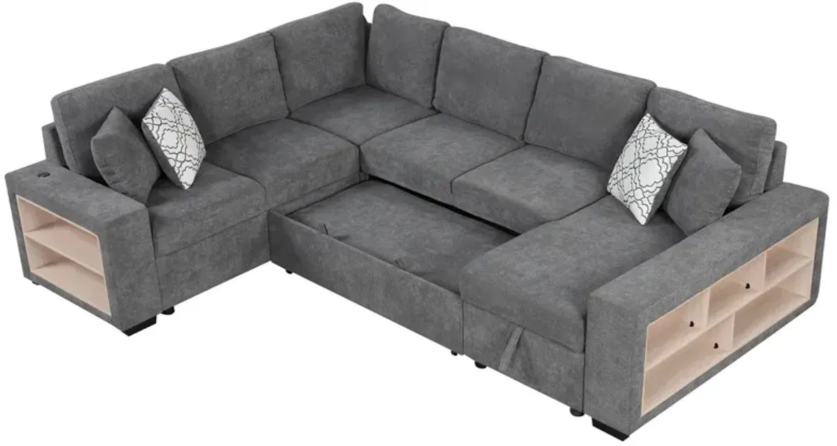 U-Shaped Sectional Sofa Pull-Out Sofa Bed With Two USB Ports, A Storage Chaise Lounge And Four Back Pillows For Living Room