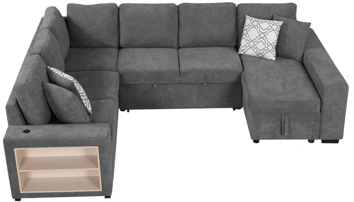 U-Shaped Sectional Sofa Pull-Out Sofa Bed With Two USB Ports, A Storage Chaise Lounge And Four Back Pillows For Living Room